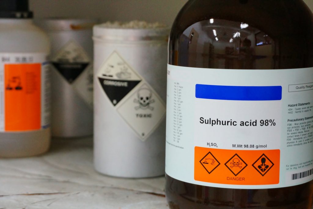 Bottle of Sulfuric Acid, H2SO4 with Properties information and its ...