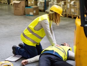 Warehouse workers after an accident in a warehouse.