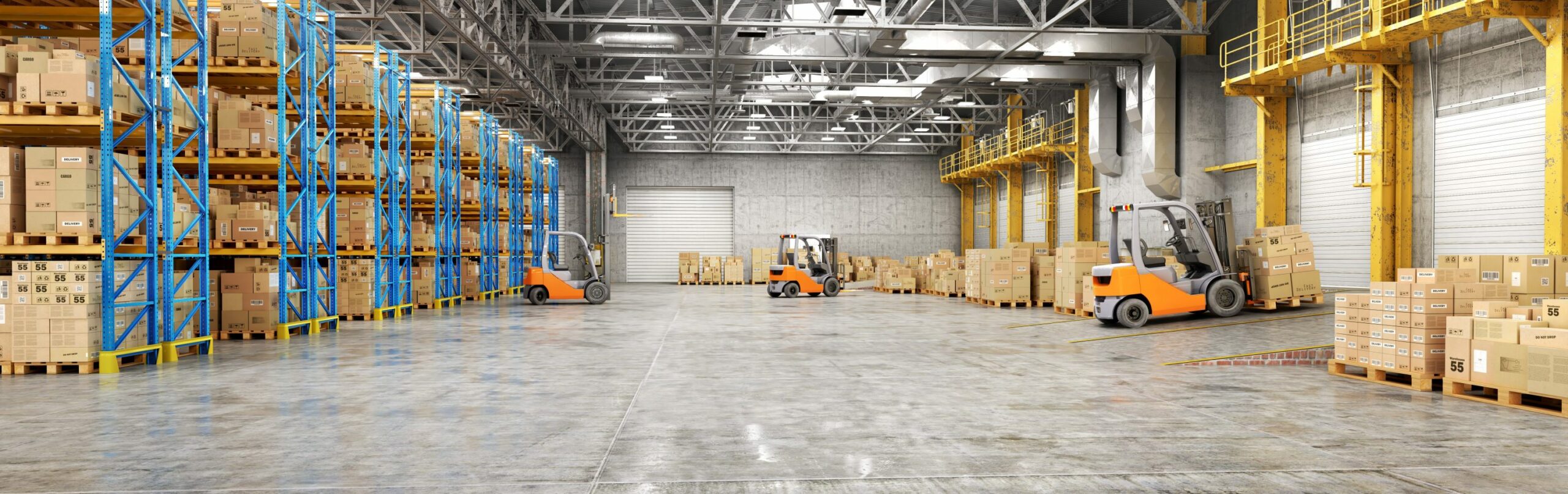 Concept of warehouse. The forklift between rows in the big warehouse ...