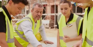 Construction manager leads a safety discussion with workers at a job site, pointing to a blueprint while team members in high-visibility vests listen and take notes, reinforcing the importance of site safety and planning.