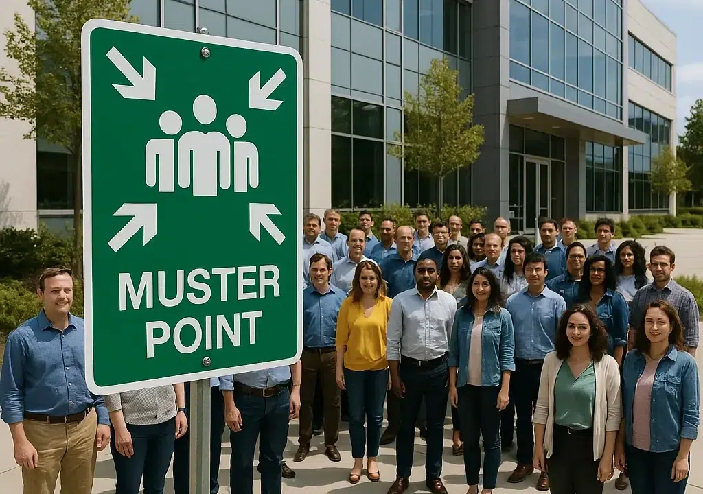 Signboard displaying fire drill schedule with safety awareness messaging