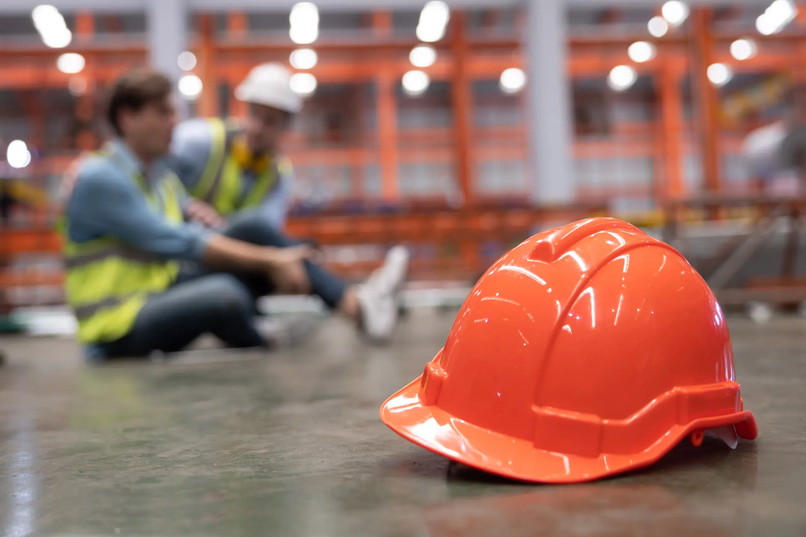 Orange hard hat in warehouse after workplace safety review in progress