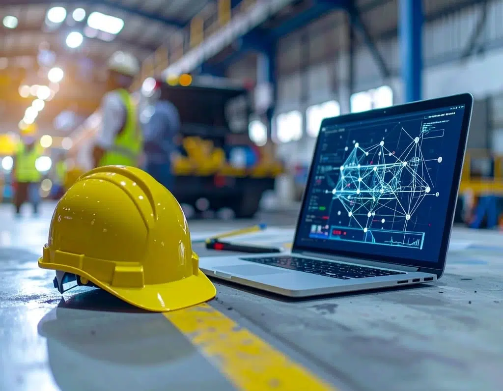 Industrial workspace with a hard hat and open laptop running FMEA software, enabling data-driven safety and quality assessments.