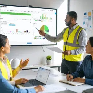 Safety team reviewing digital audit data on a large screen during an indoor meeting.