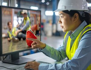 Professional assessing incident footage reinforcing the importance of data-driven safety improvements in Canadian workplaces.