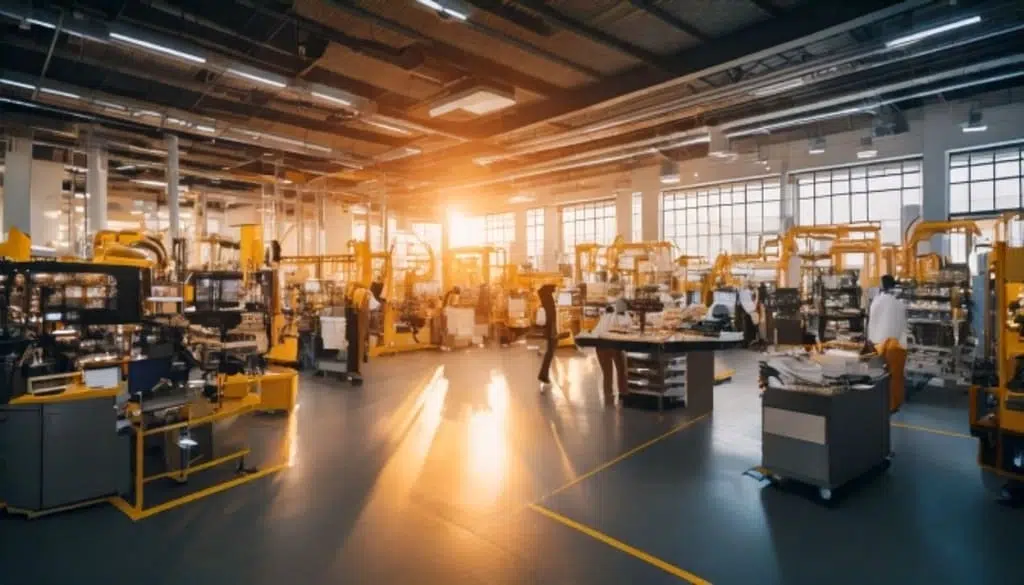 Construction hard hat in focus with Canadian warehouse crew blurred in the background.