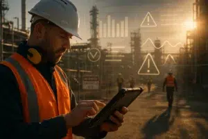 Engineer in a safety helmet reviewing digital audit forms on a tablet at an active construction site.