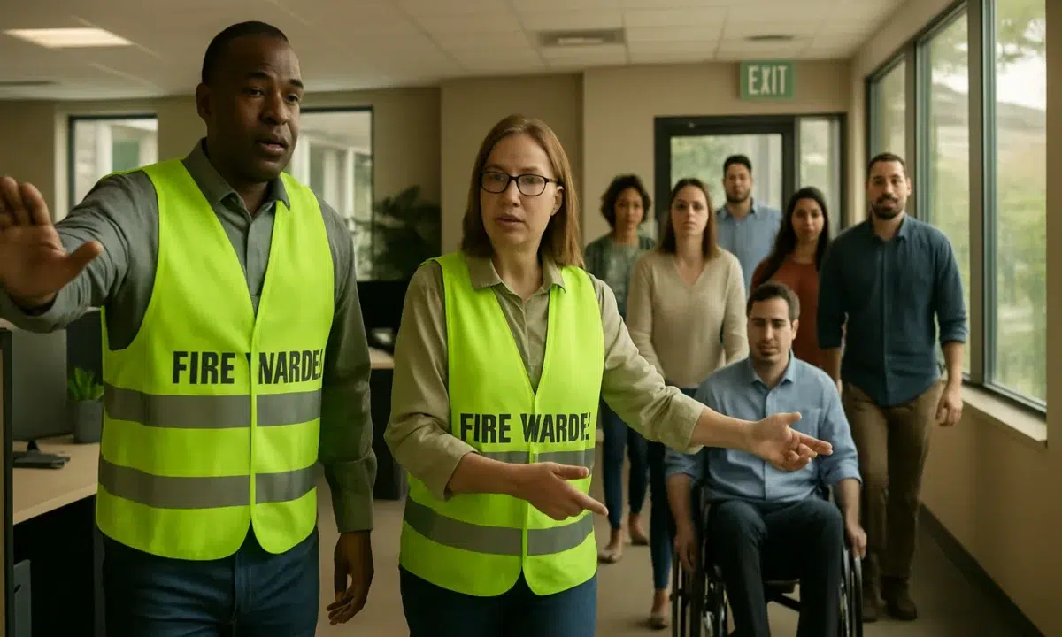 Fire safety team conducting a drill briefing session with employees