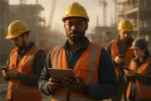 Construction crew reviewing safety software on devices representing real-world tech adoption challenges and teamwork.