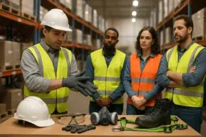 Workplace safety briefing in a warehouse setting, with the instructor explaining the importance of personal protective equipment.