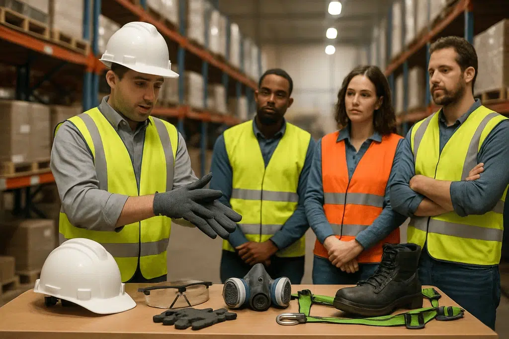 Workplace safety briefing in a warehouse setting, with the instructor explaining the importance of personal protective equipment.