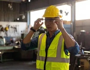 Industrial worker put on protective eyewear inside the workshop, dressed in safety vest and personal protective equipment.