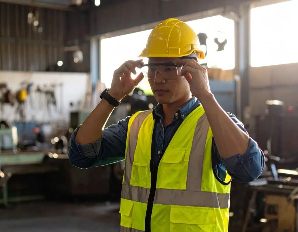 Industrial worker put on protective eyewear inside the workshop, dressed in safety vest and personal protective equipment.