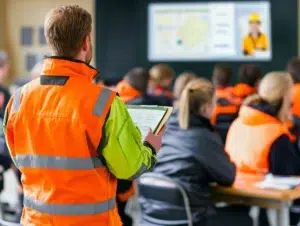 Team of workers in coveralls and safety vests engage with digital onboarding content in a training room.