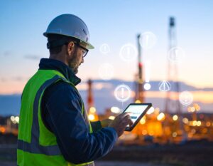 Worker at an industrial site using hazard ID software on a tablet, showing proactive safety monitoring.