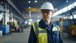 lose-up of a safety manager pausing mid-walk through a dimly lit site,