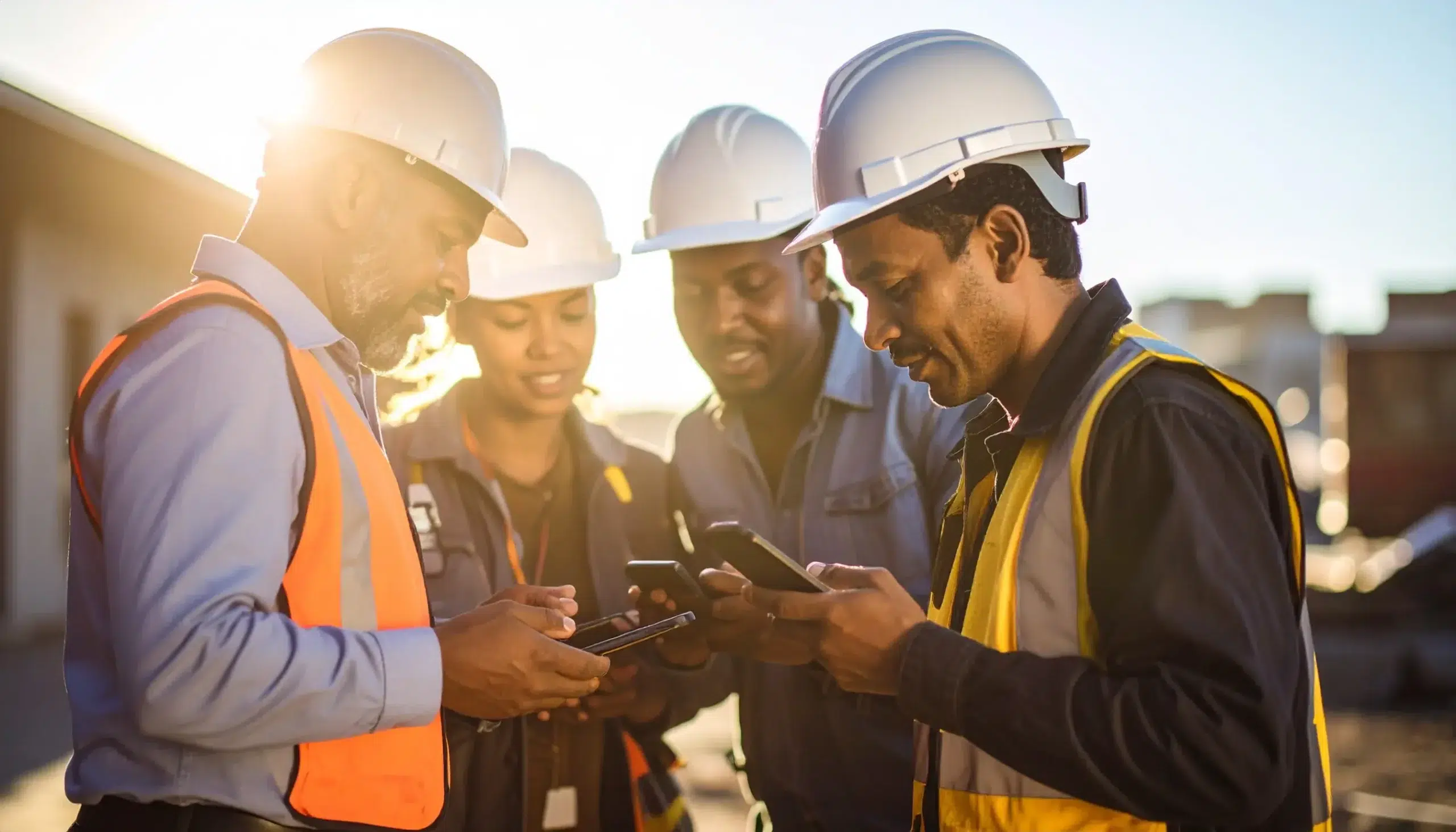 Crew sharing input on mobile devices, highlighting how hazard ID apps foster proactive risk management.