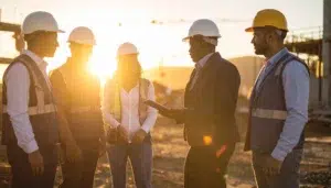 Construction workers discussing site hazards as part of daily FLHA process.