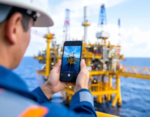 Offshore team member using a smartphone to document hazards on-site, highlighting how mobile hazard ID tools support remote safety efforts.
