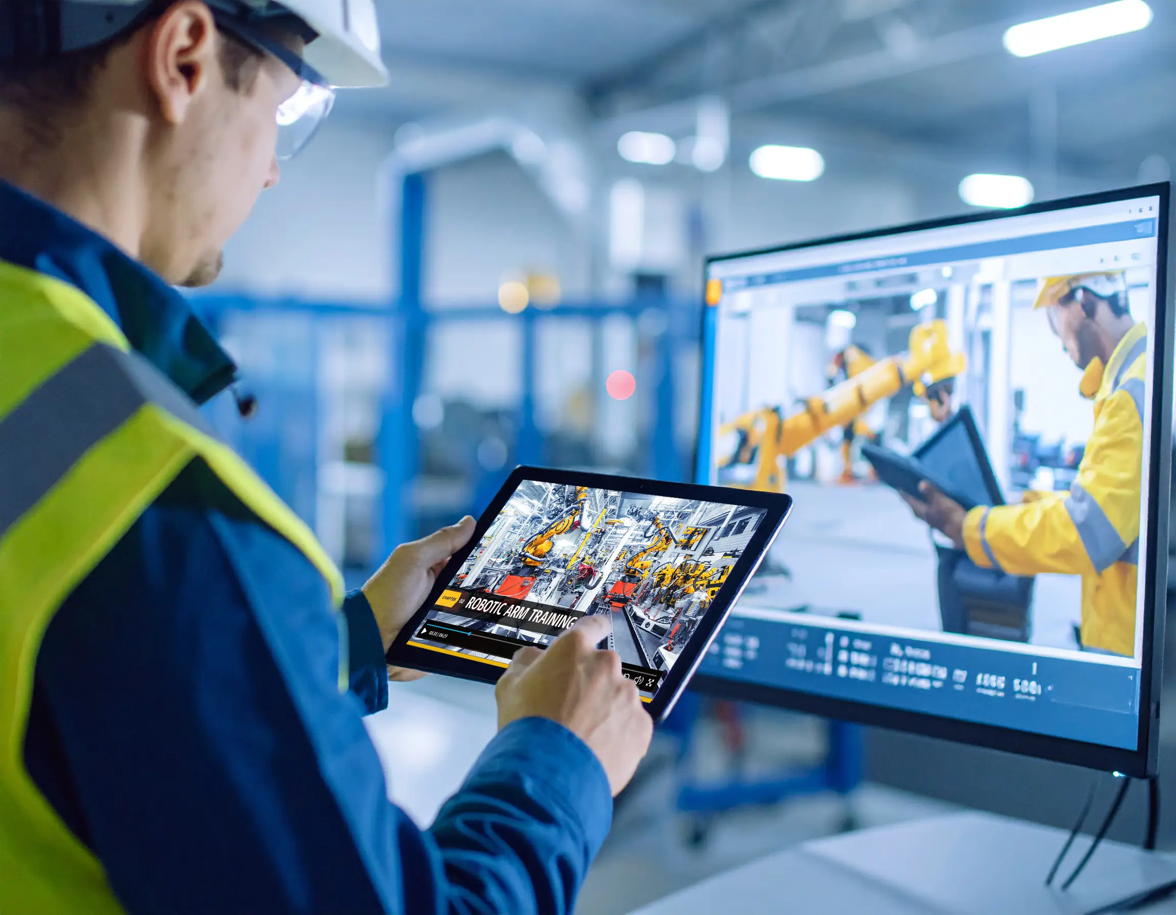 Tablet used for virtual meet-and-greet with safety staff during pre-shift onboarding.