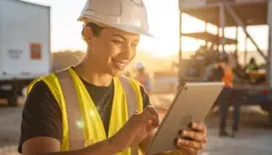 Worker at site using a smartphone for onboarding, highlighting user-friendly mobile platforms for safety in the field.