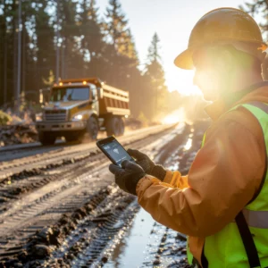 Worker at a rural construction site reviewing mobile FLHA tech on a smartphone during early morning light.