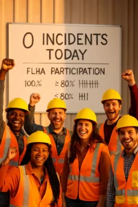 Construction workers cheer near FLHA tracking board showing zero incidents and strong participation.