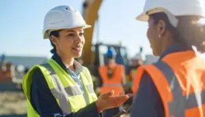 Two workers having an open safety conversation during onboarding at a construction site.