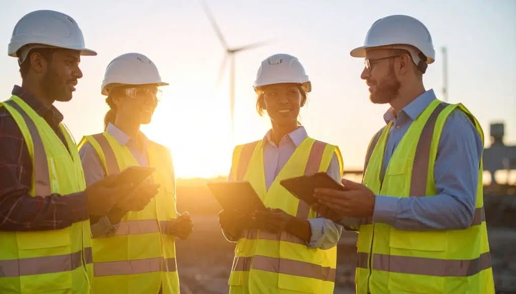 Team reviewing digital onboarding tools at an energy site, emphasizing tech-forward safety processes.
