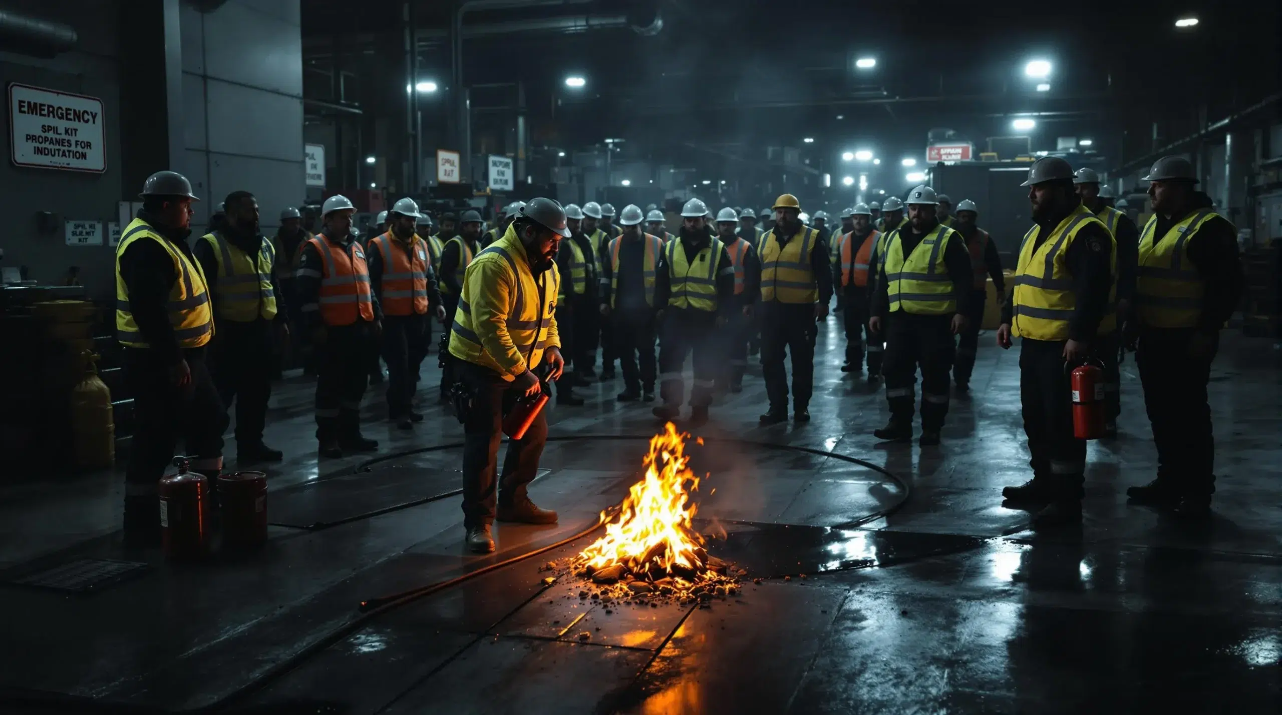 Crew in high-visibility gear near open flames, underlining propane danger awareness.