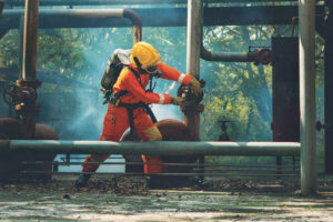 firefighter in an orange suit is working on a pipe