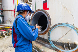 Worker female hand holding gas detector inspection safety gas testing at front manhole tank chemical