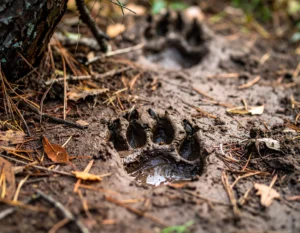 Bear footprints in wet forest soil, teaching crews to identify wildlife activity and improve bear safety on remote worksites.