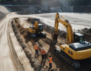 Excavator digging earth while crew members maintain safe distance on site.