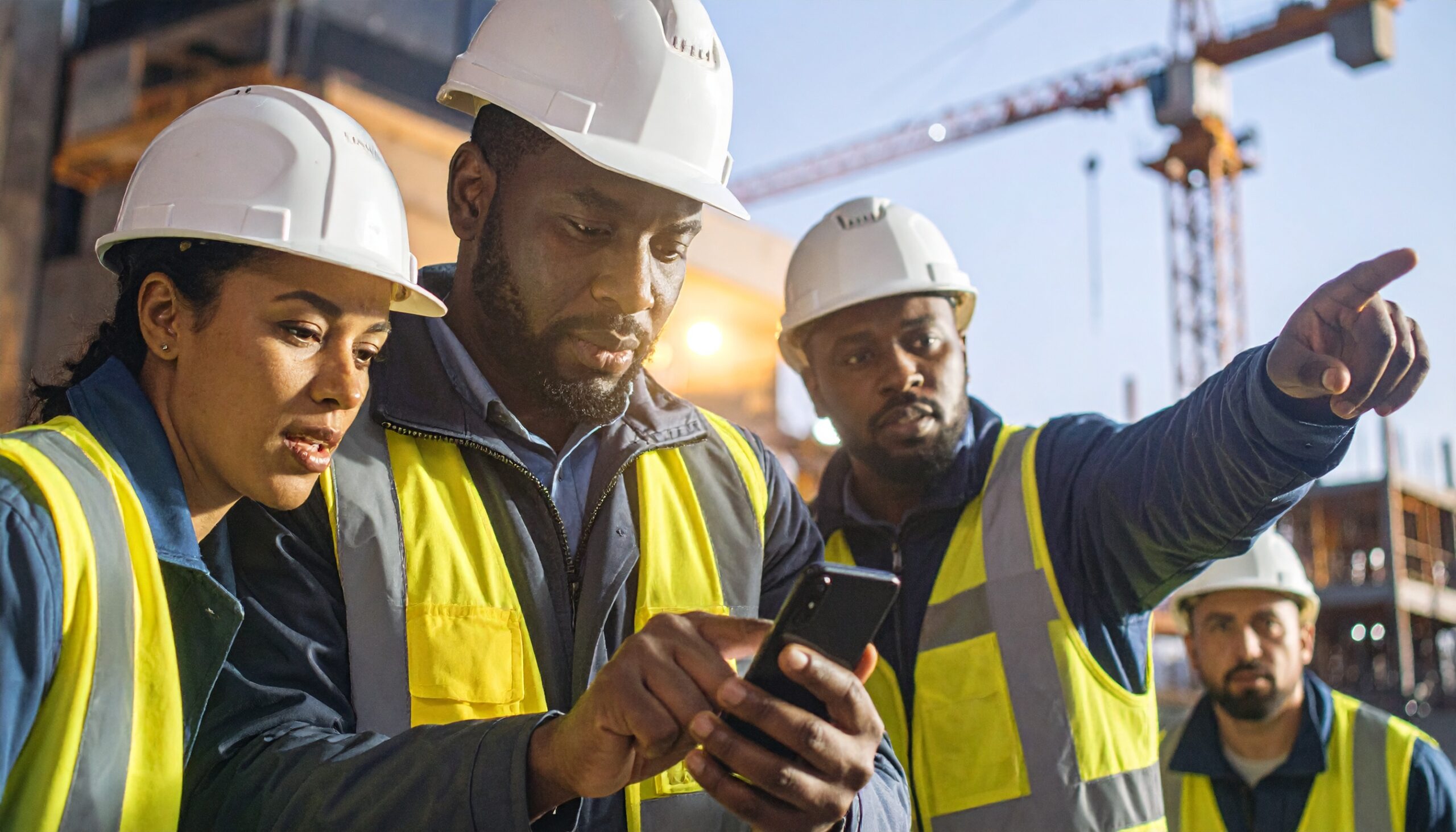 Safety professionals reviewing hazard data on a mobile safety app.