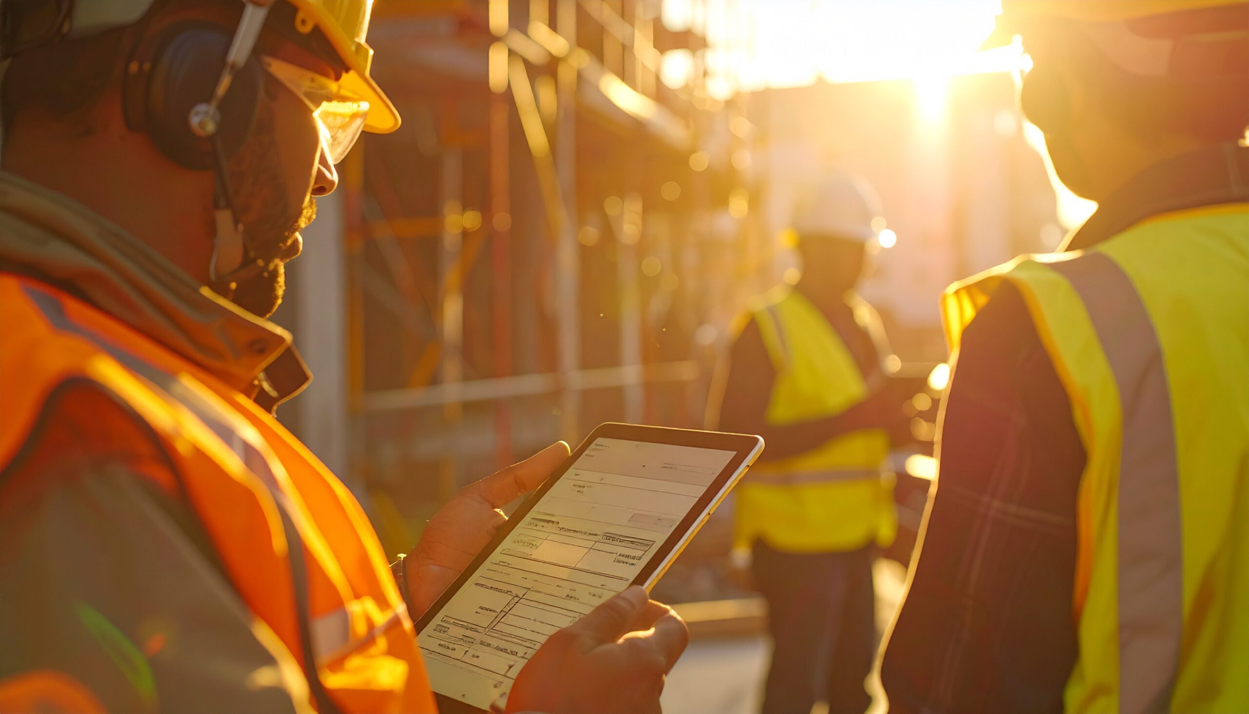 Construction worker reviewing a digital FLHA solution using a tablet with her team members.