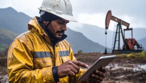 Industrial worker using hazard identification software to report risks.