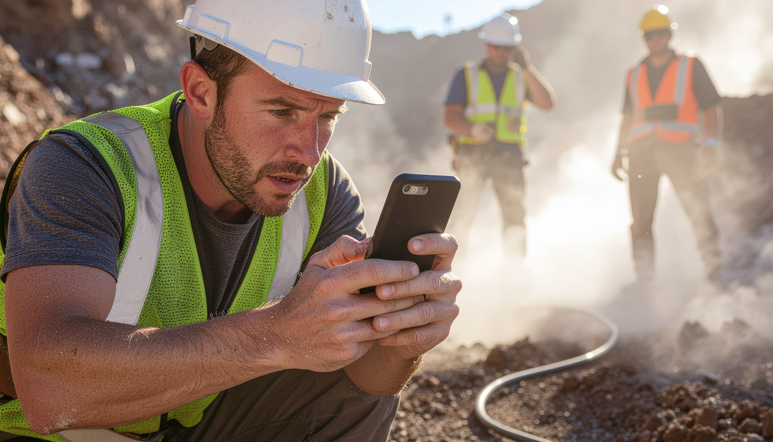 Crew member uses mobile reporting tools to log a site hazard, with field activity continuing in the background.