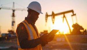 Worker reviewing a mobile FLHA solution on a tablet with oilfield equipment in the background.