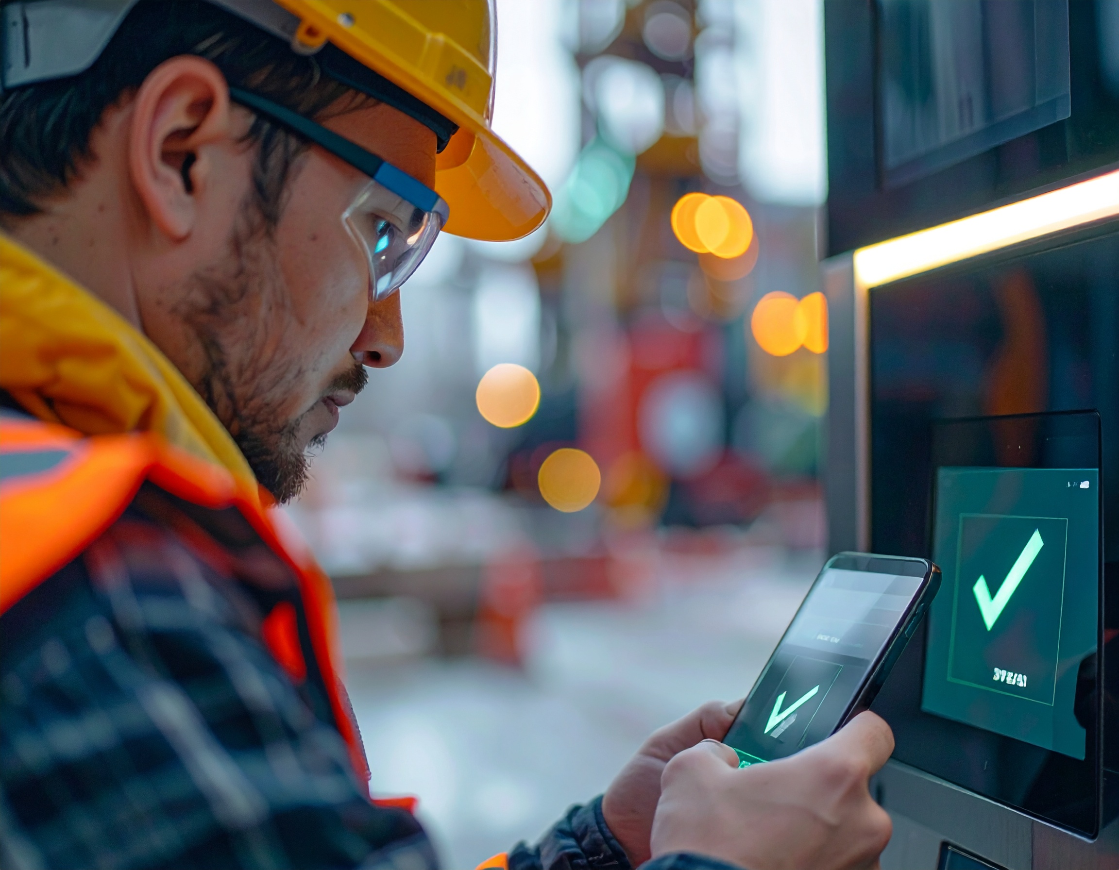 Digital site access verification via smartphone by worker using contactless safety compliance system.