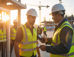 Digital ID badge check at construction site ensures safe, compliant access.