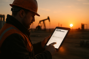 Digitized FLHA dashboard on-screen as a site supervisor reviews safety analytics, highlighting the value of real-time, accessible data.
