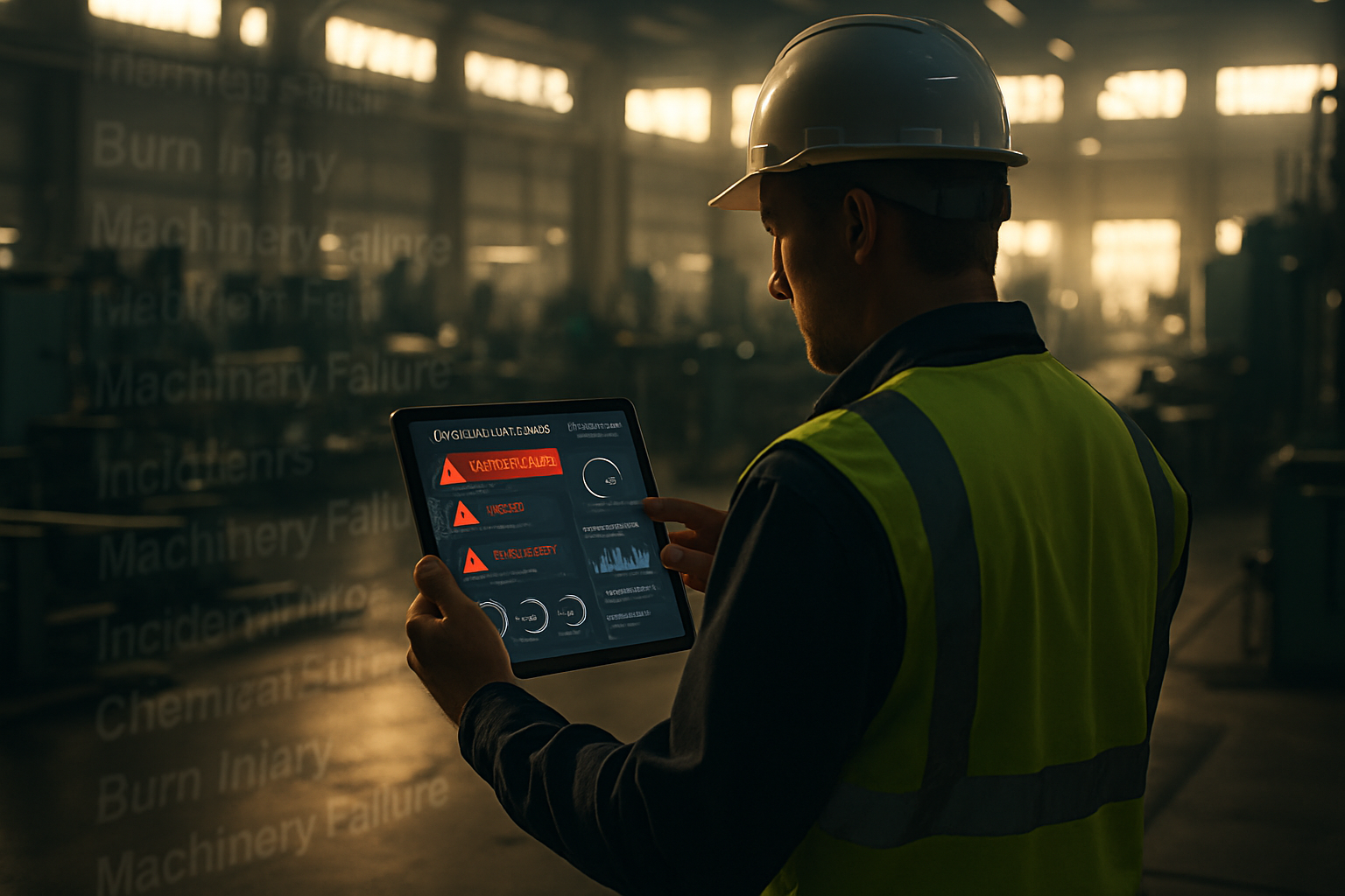 Worker in safety gear using incident management software on-site to track workplace risks.