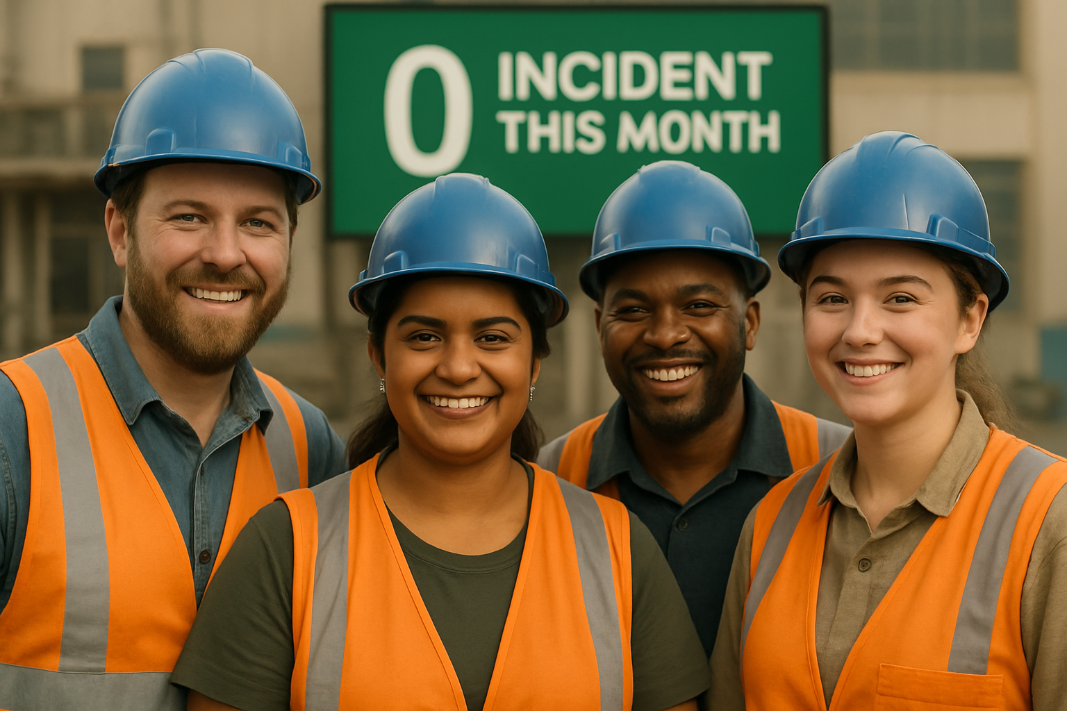Construction team posing proudly after achieving zero incidents for the month.