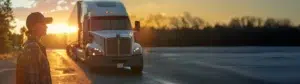 Driver standing beside a truck at dusk, highlighting fatigue awareness and safety.