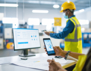 Industrial team using real-time reporting tools to track and manage safety risks through mobile and desktop systems.