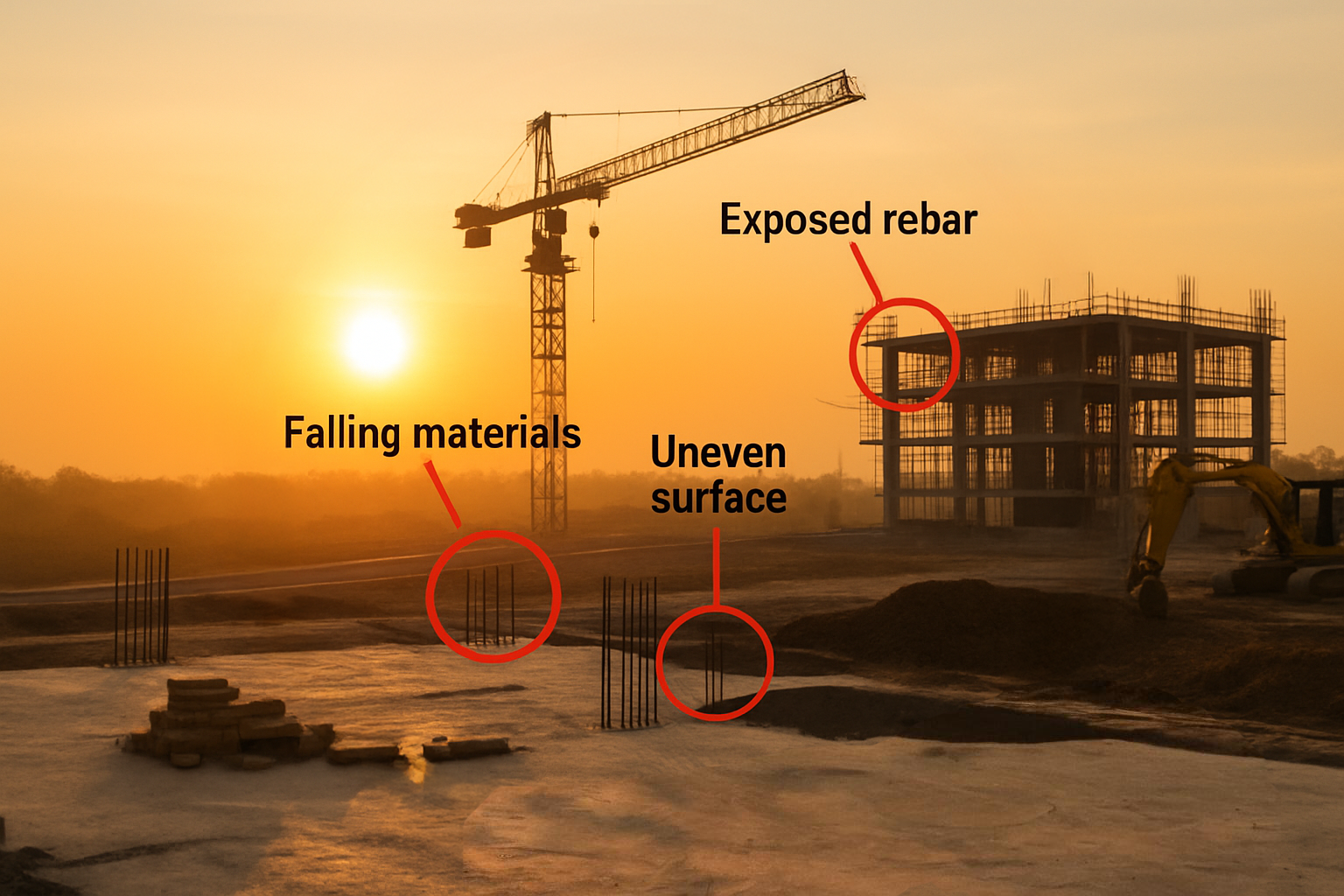 Worksite with common hazards showing real-time digital access tools help ensure only properly trained workers enter dangerous zones.
