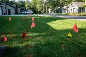 Utility line locate flags on grass marking underground services in a residential area for safe excavation.