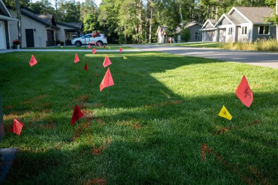 Utility line locate flags on grass marking underground services in a residential area for safe excavation.