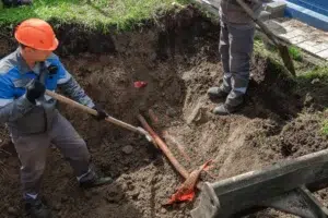 Utility worker assembling underground piping system as part of infrastructure maintenance.